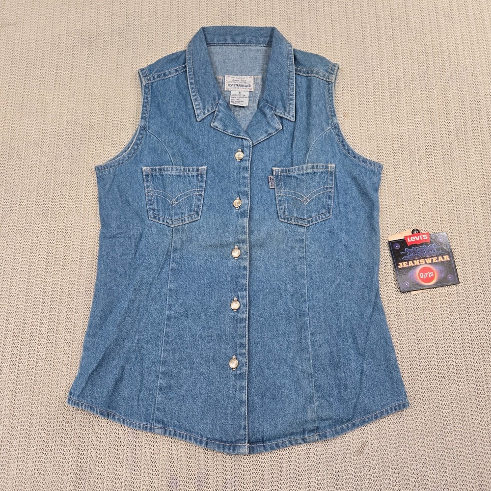 Levi's Shirt Girls Small Blue Denim Button Down Front Sleeveless New